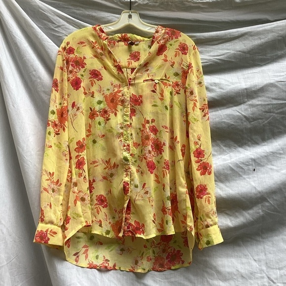 Kut from the Kloth yellow and red floral sheer button down blouse, size large - Picture 1 of 9